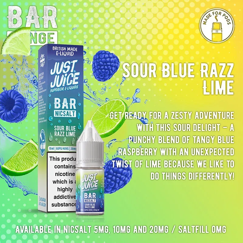 Just Juice Bar Range Sour Blue Razz Lime 10ml Nic Salt E-Liquid - Image 2