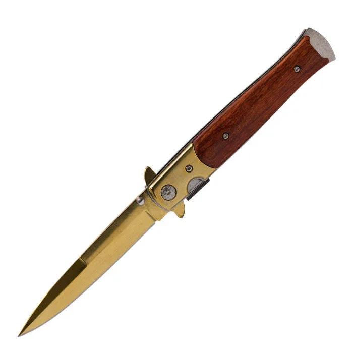 Perucci - 9" Gold and Wood Textured Foldable Pocket Knife