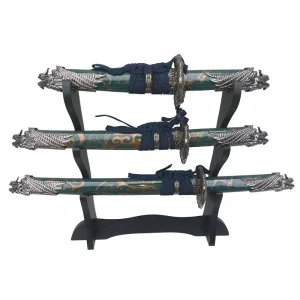 Defender - Blue Dragon Handle Mini Katana 3-Pc Set w/ Wood Stand