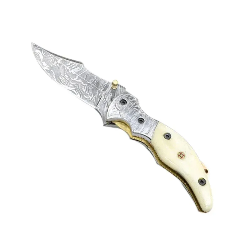 The Bone Edge - 7.5" Damascus Wyrmspike Foldable Knife