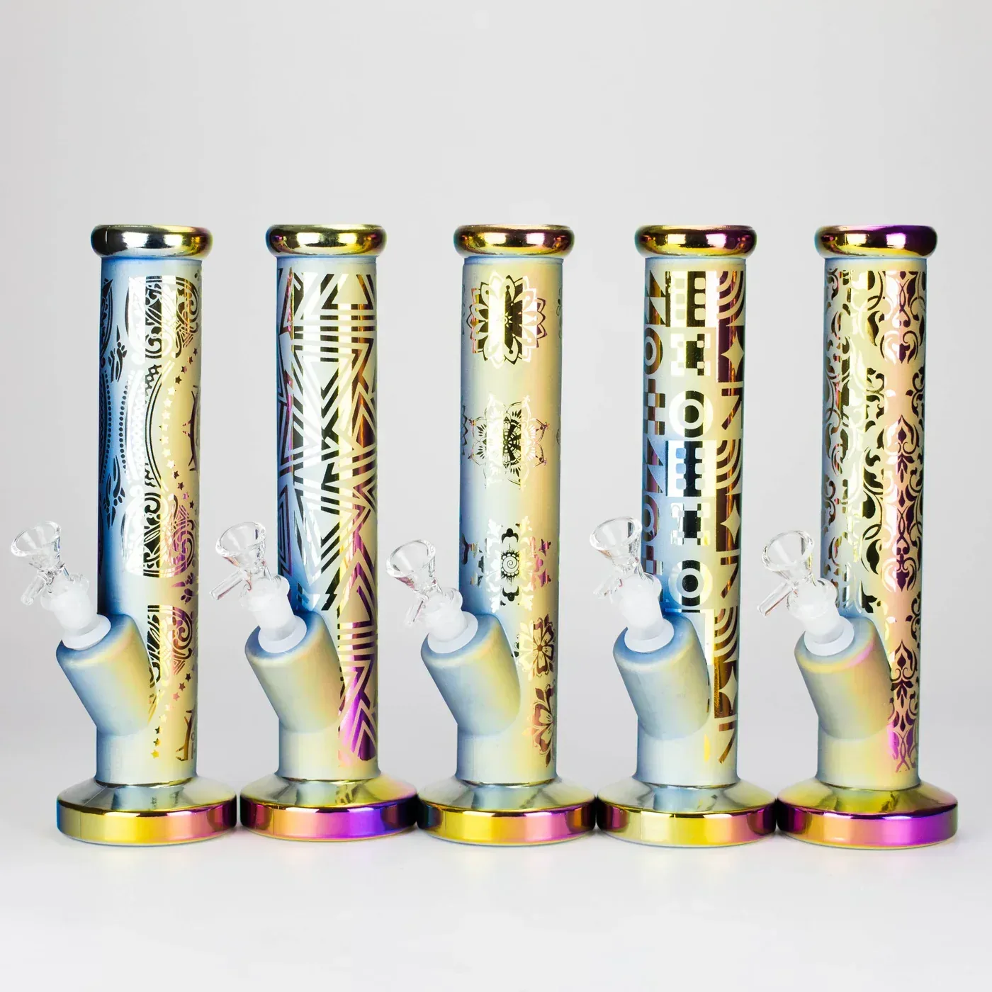 11" Straight Tube Electroplated Metallic Finish w/ Intricate Patterns Glass Bong - Pattern 5 - Image 2